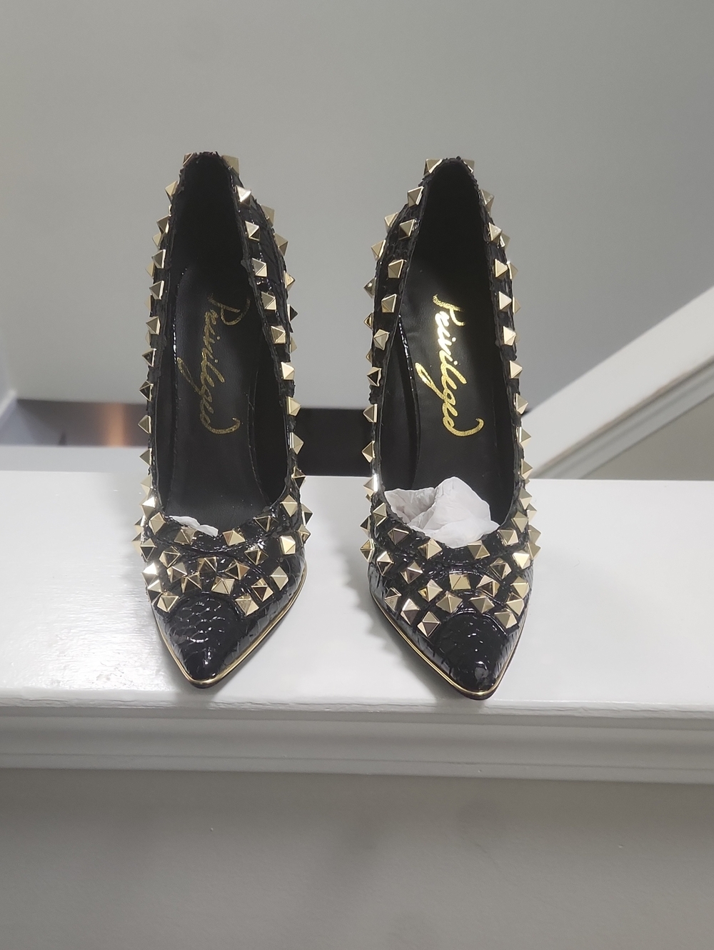 Privileged Black Pointed-Toe Pumps with Gold Pyramid Studs